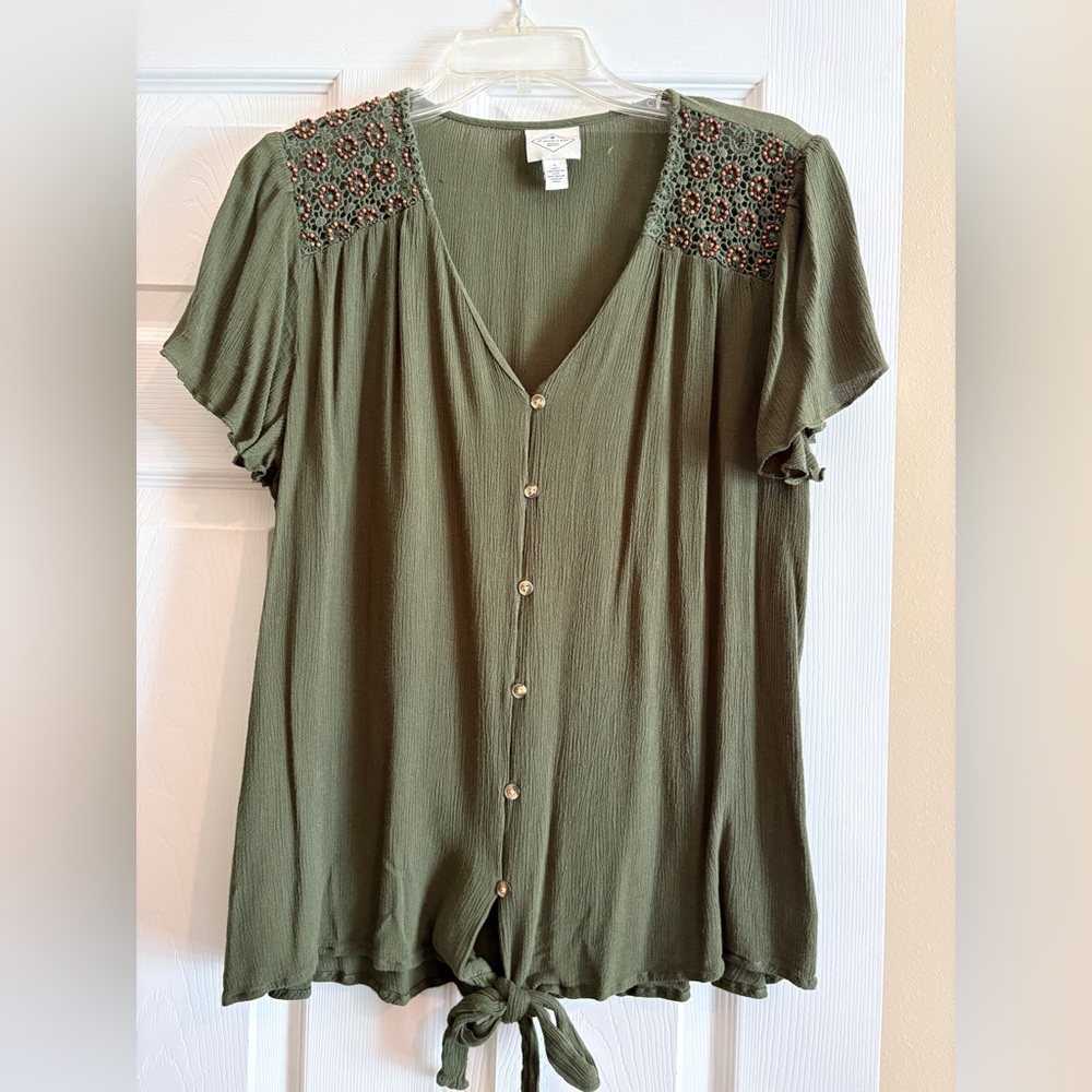 St. John's Bay Green Blouse with Crochet Accents
